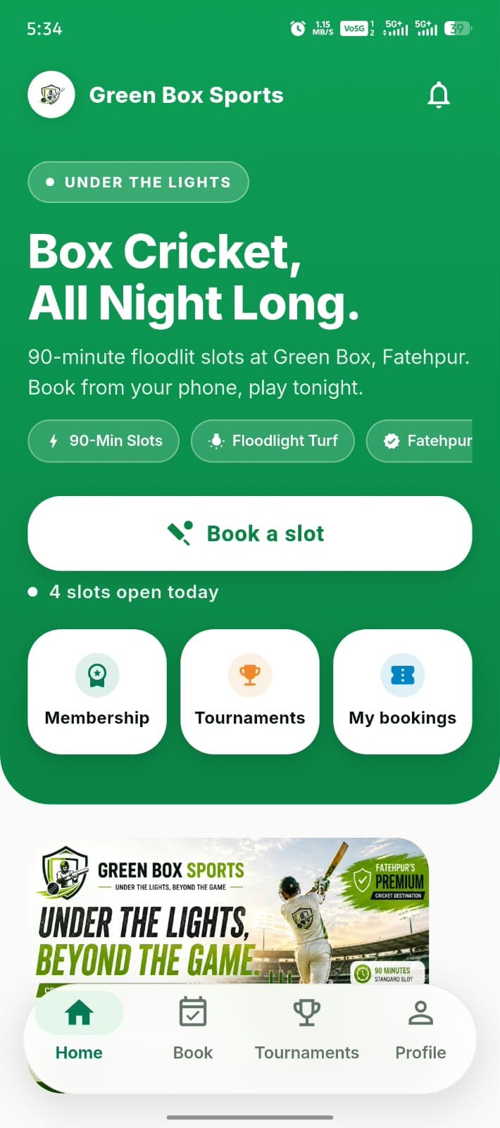 Green Box Sports — Player App — Slot booking by time window
