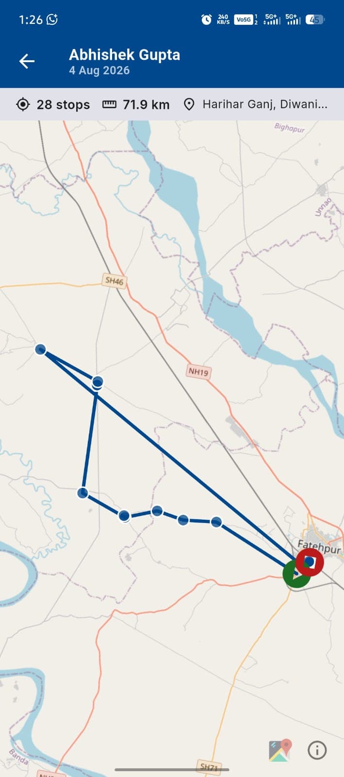 Pharma India — Field Force CRM App — Live GPS Route Map — 28 verified stops & 71.9 km travel trail