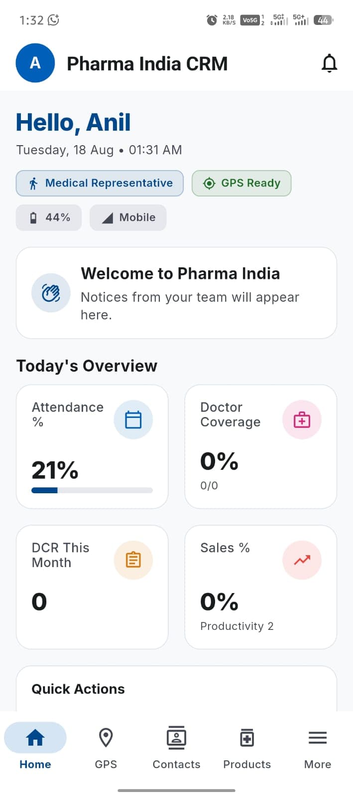 Rep Mobile Dashboard — Day punch, territory overview, and quick actions