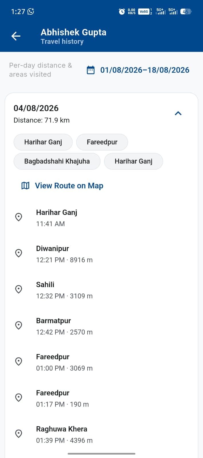 Stop-by-Stop Travel Trail — Arrival timestamps and distance measurements