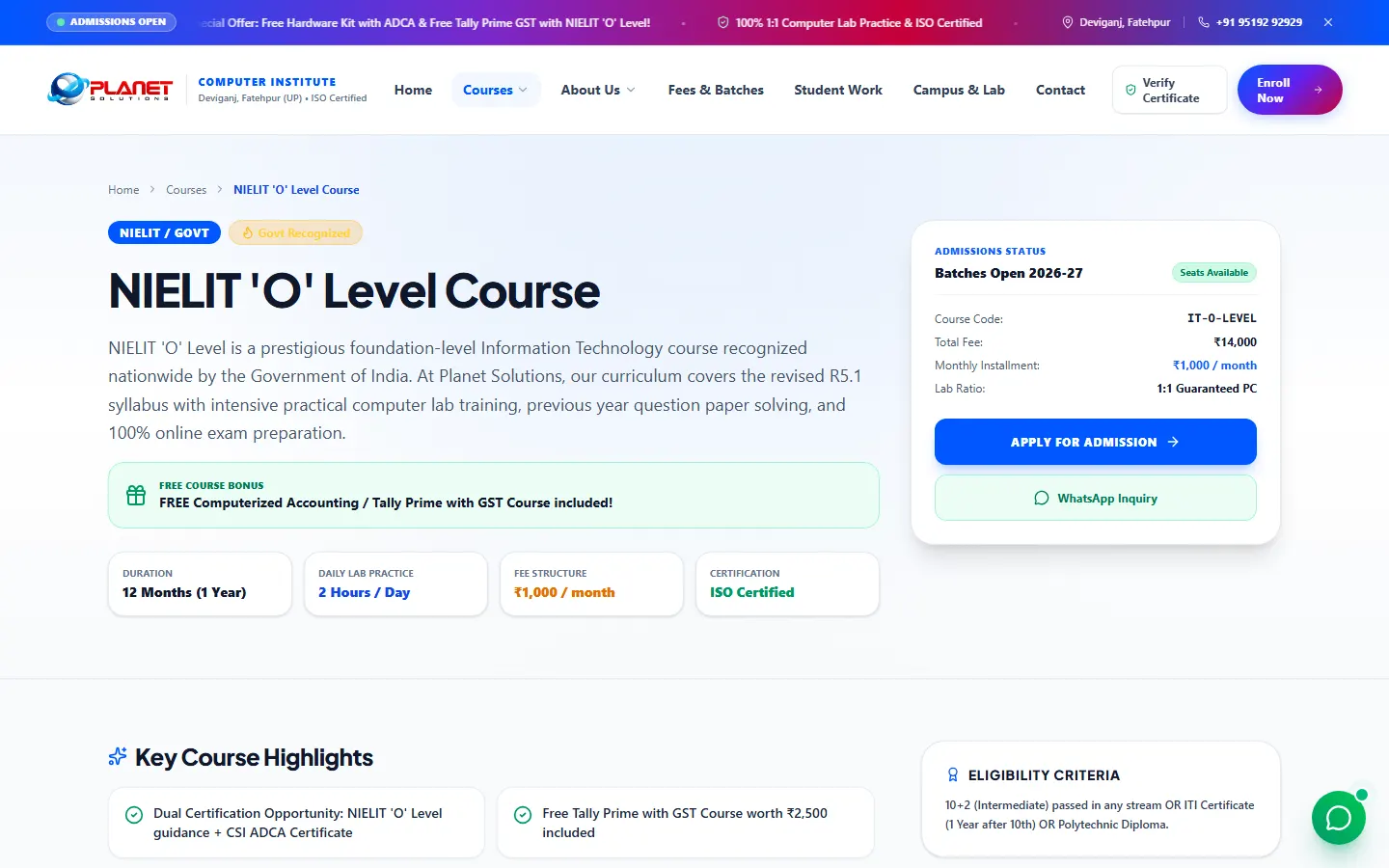 NIELIT 'O' Level — fees, duration and highlights